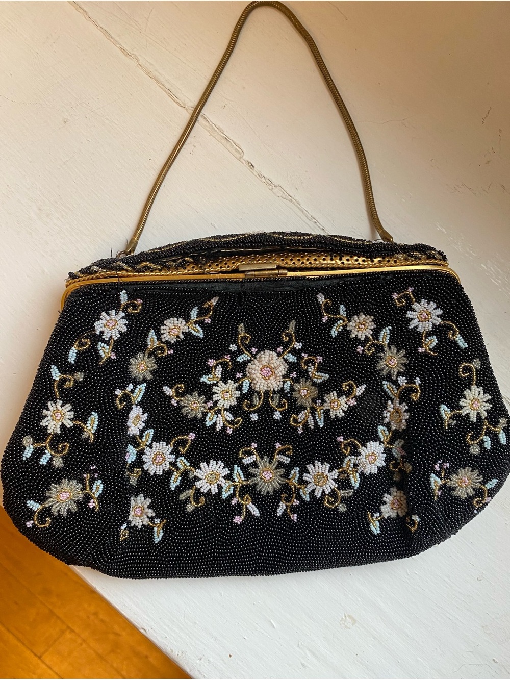 Vintage Black Beaded Floral Evening Clutch with Gold Accents